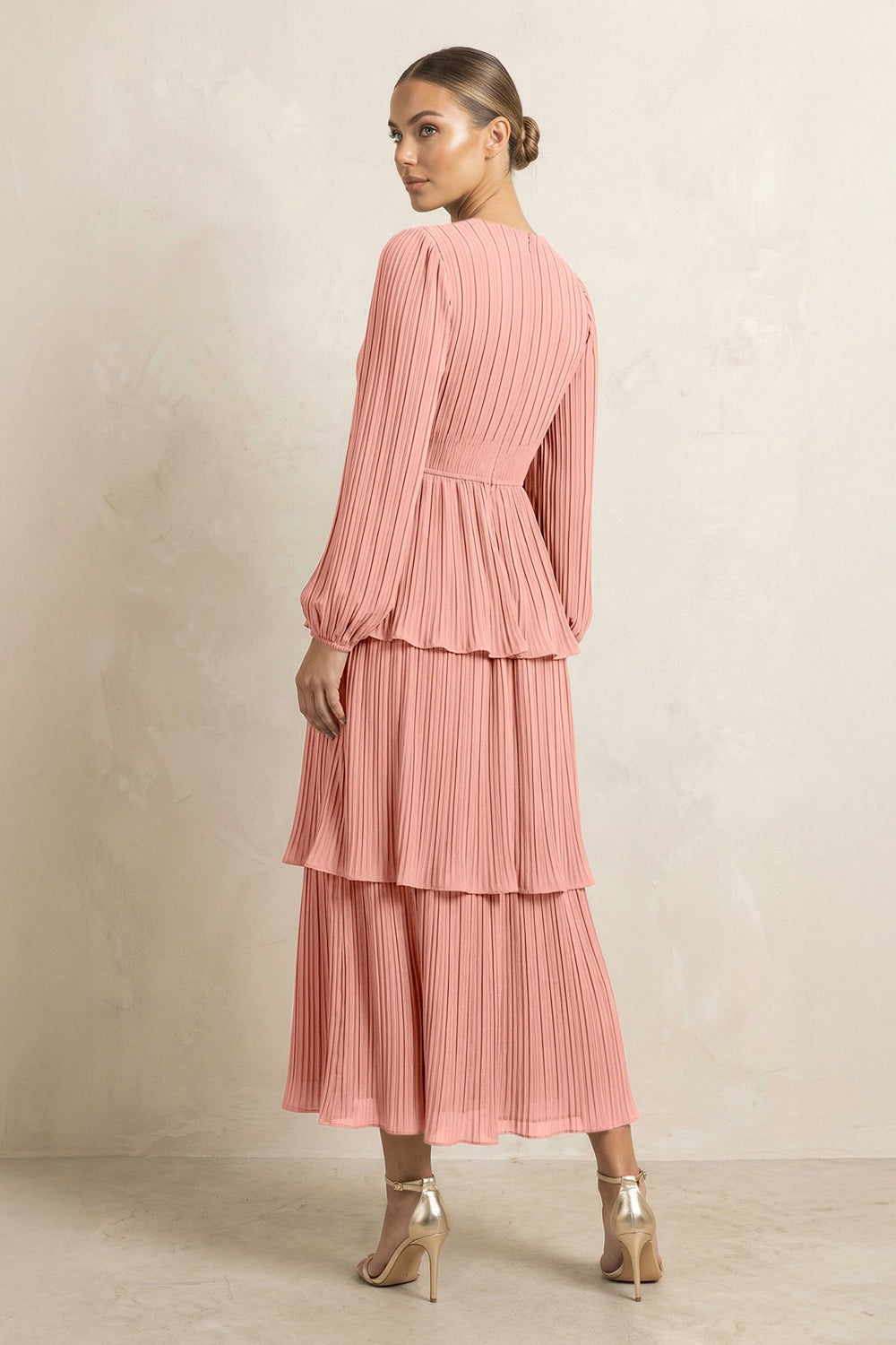 V-Neck Tiered A-Line Chiffon Midi Bridesmaid Dress in Rosette