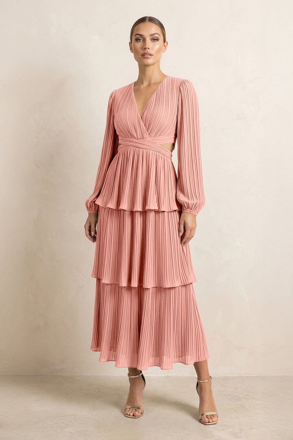 V-Neck Tiered A-Line Chiffon Midi Bridesmaid Dress in Rosette