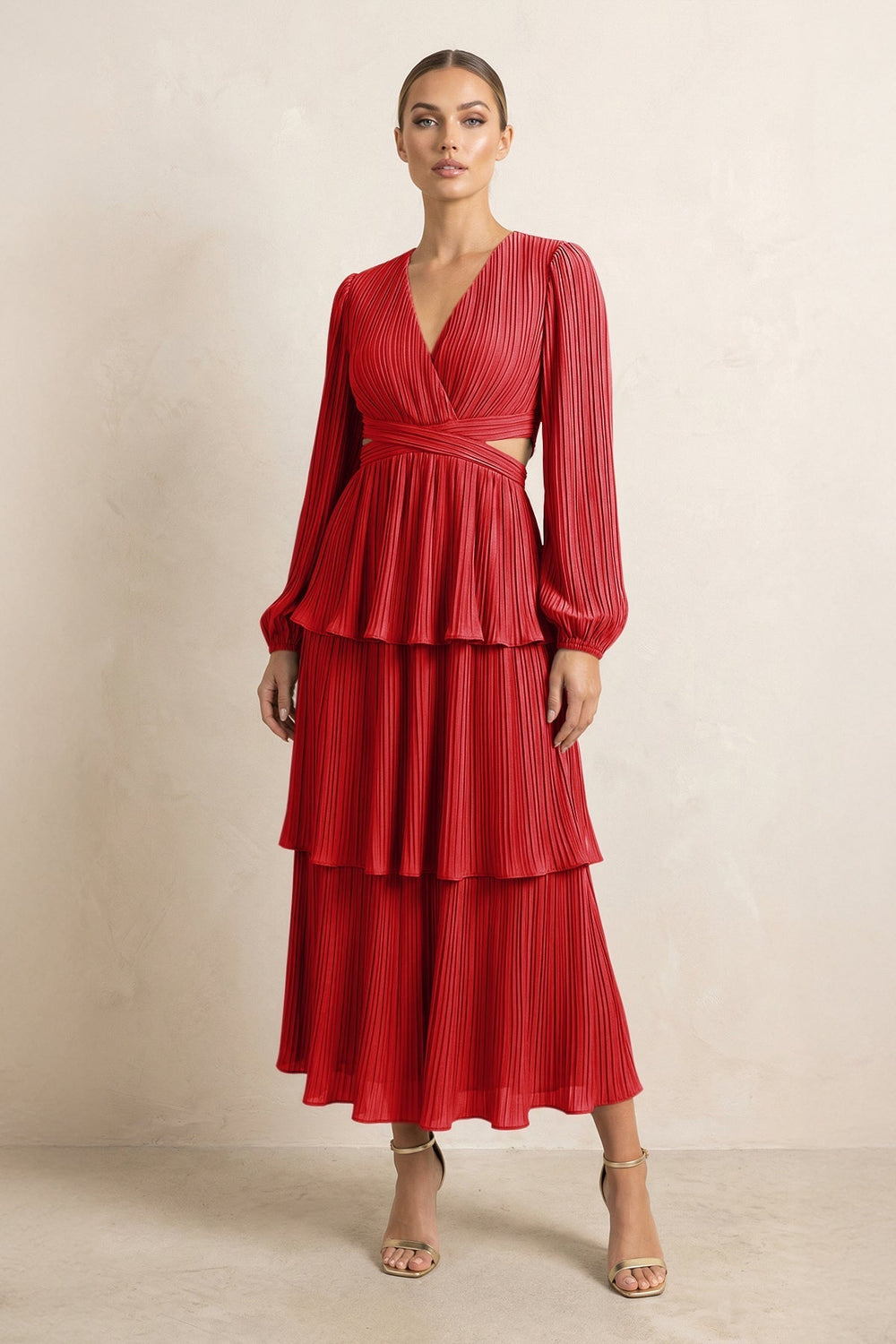 V-Neck Tiered A-Line Chiffon Midi Bridesmaid Dress in Ruby Red
