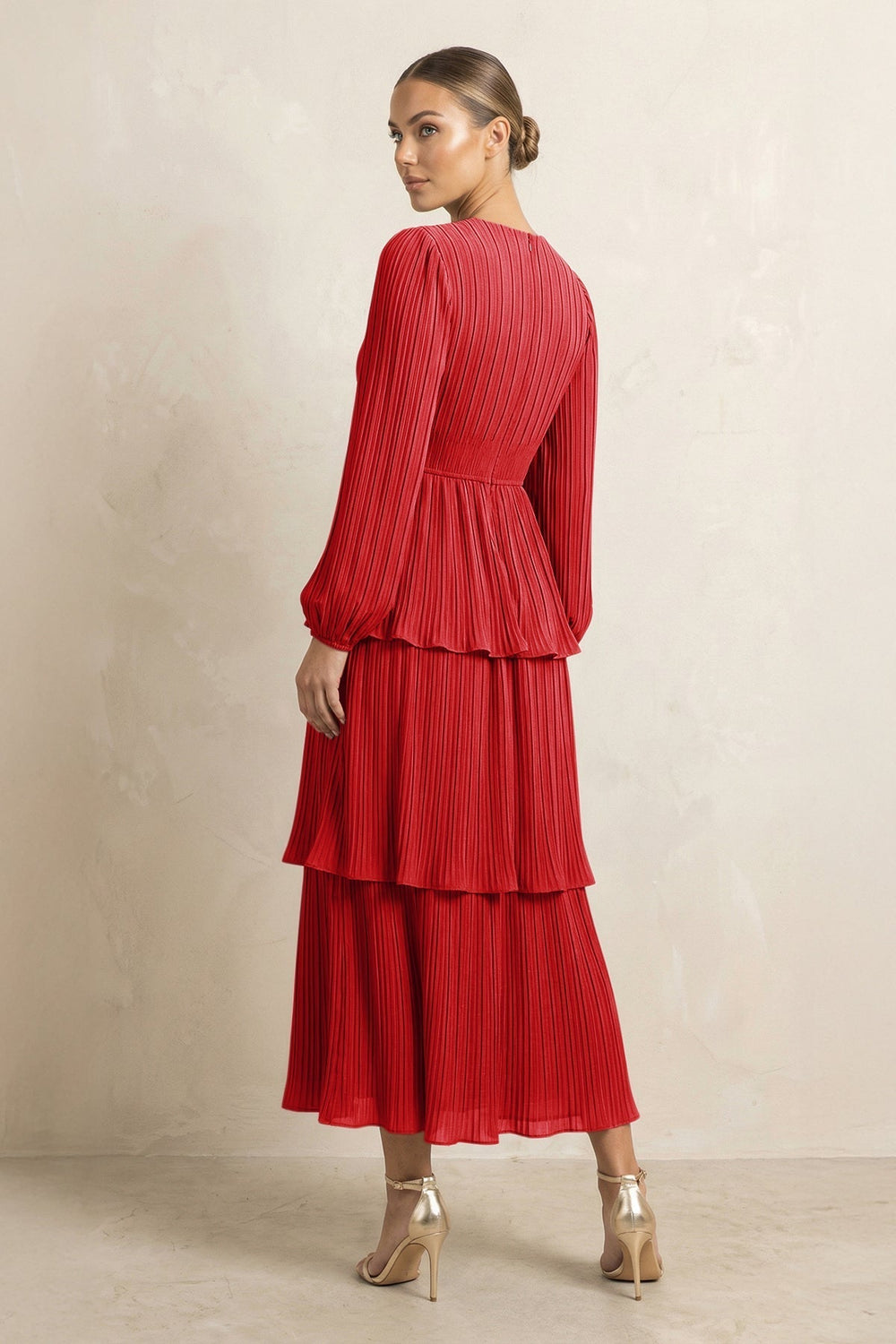V-Neck Tiered A-Line Chiffon Midi Bridesmaid Dress in Ruby Red