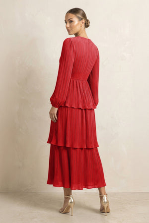 V - Neck Tiered A - Line Chiffon Midi Bridesmaid Dress in Ruby Red - KISS BRIDAL Bridesmaid Dresses