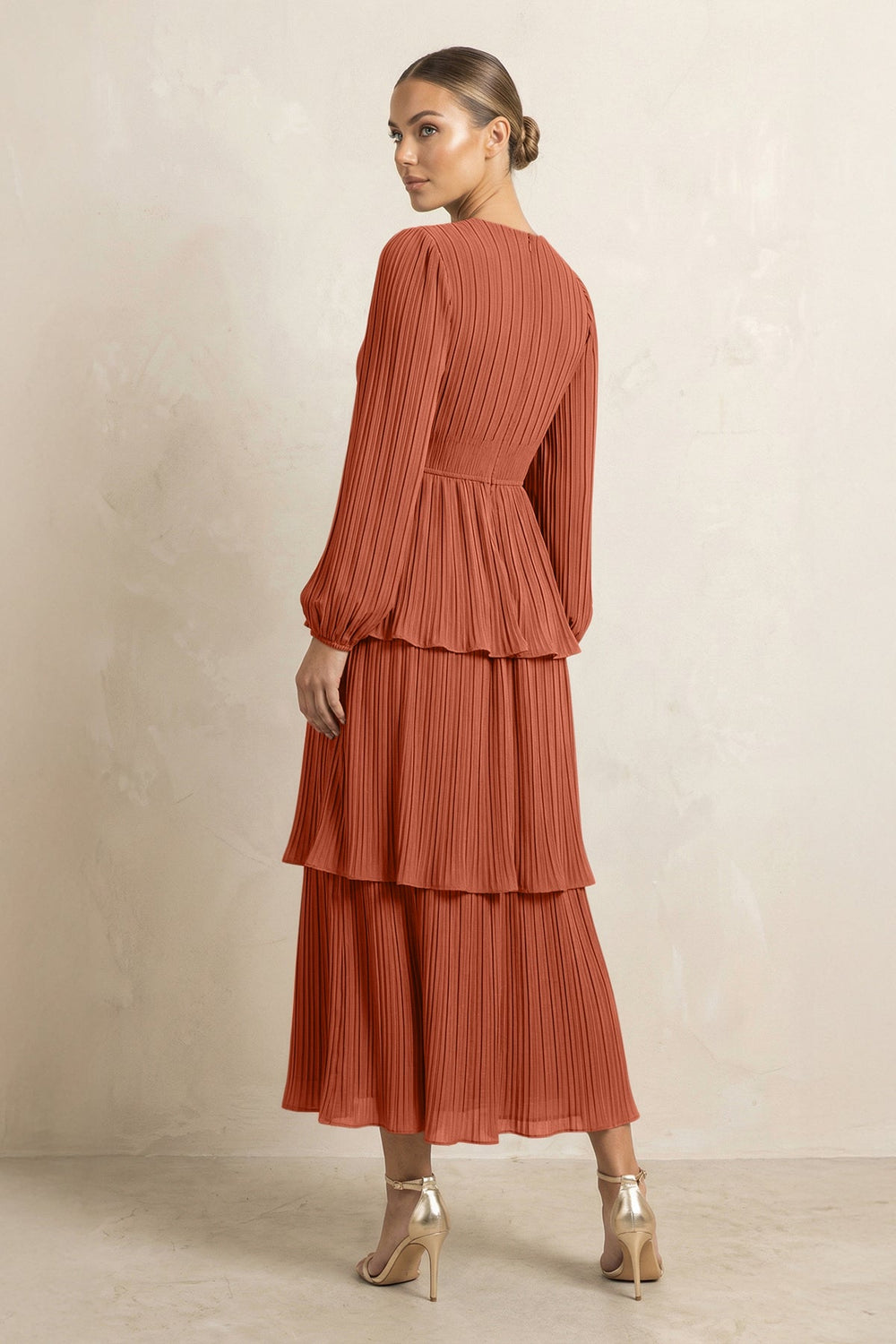 V-Neck Tiered A-Line Chiffon Midi Bridesmaid Dress in Spice
