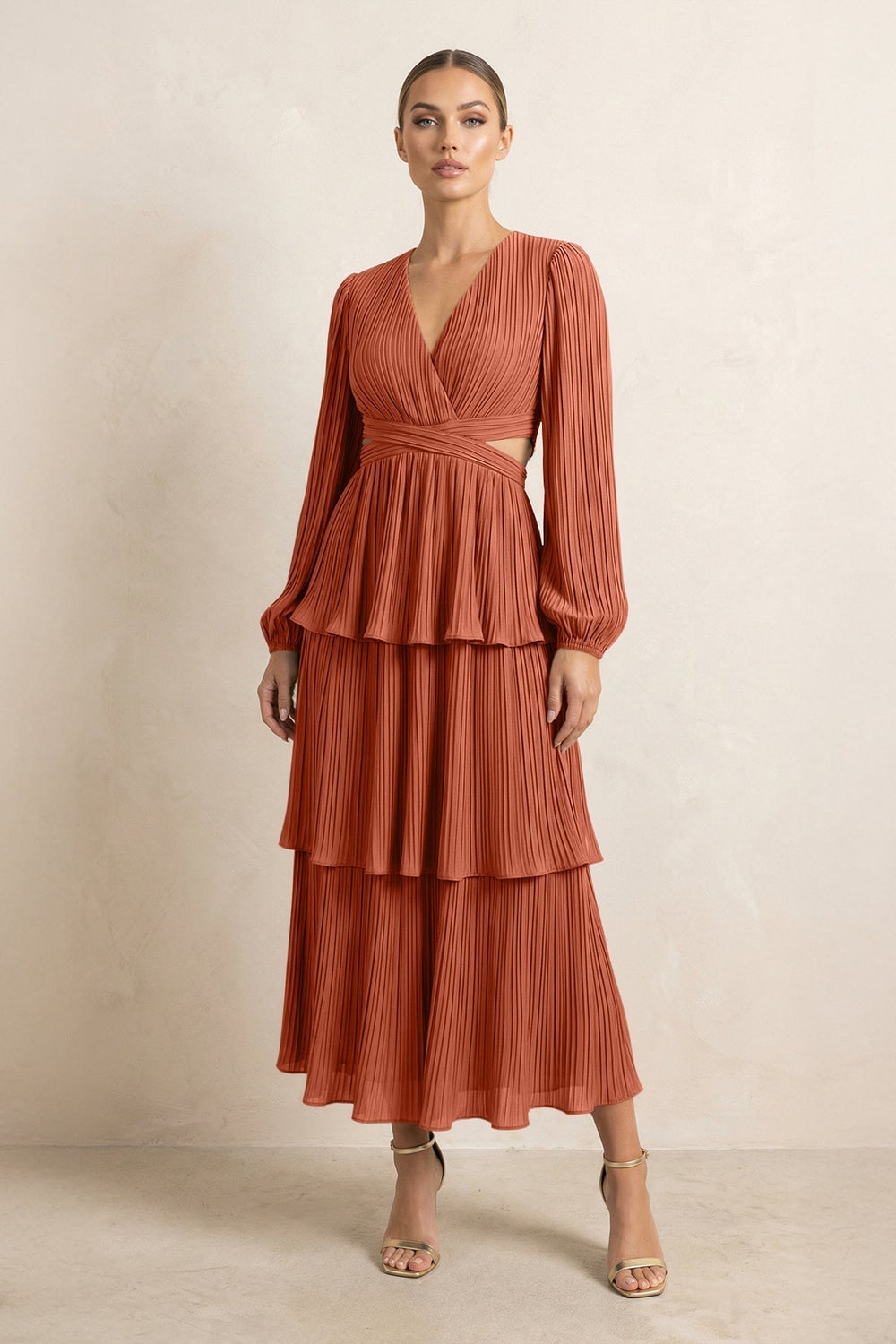 V-Neck Tiered A-Line Chiffon Midi Bridesmaid Dress in Spice
