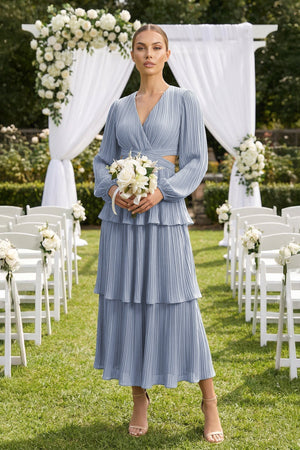 V - Neck Tiered A - Line Chiffon Midi Bridesmaid Dress in Twilight - KISS BRIDAL Bridesmaid Dresses