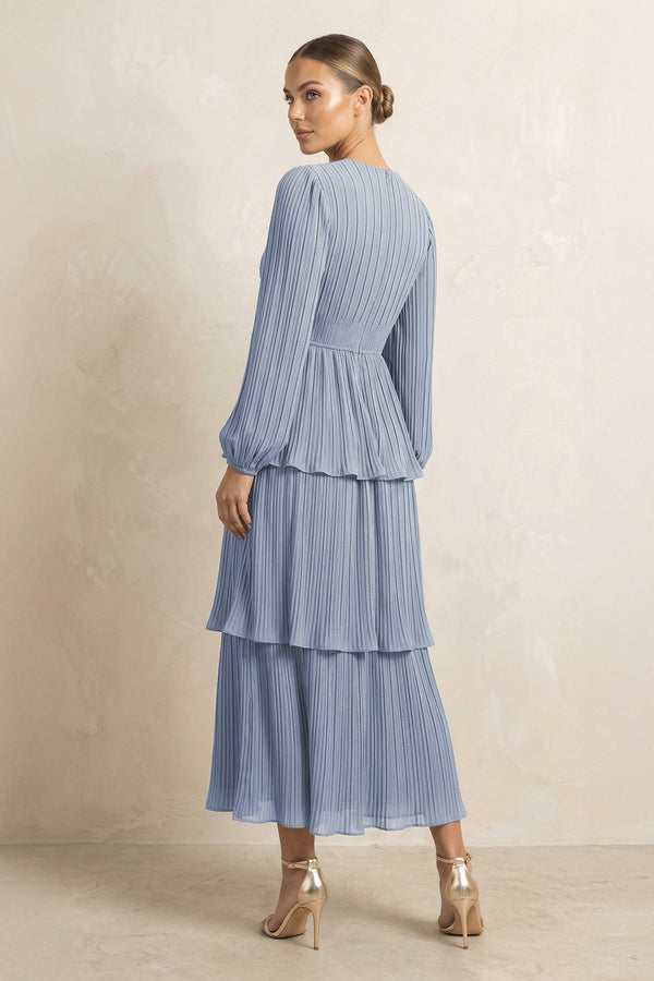 V - Neck Tiered A - Line Chiffon Midi Bridesmaid Dress in Twilight - KISS BRIDAL Bridesmaid Dresses