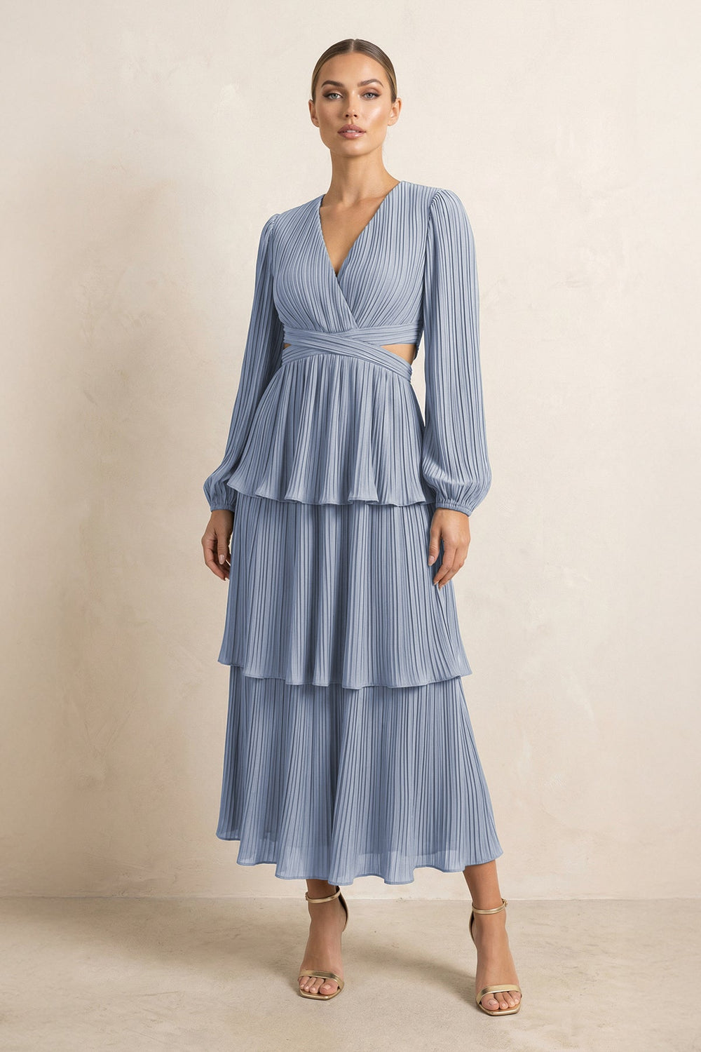 V-Neck Tiered A-Line Chiffon Midi Bridesmaid Dress in Twilight
