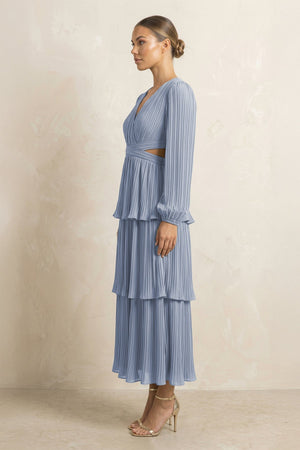 V - Neck Tiered A - Line Chiffon Midi Bridesmaid Dress in Twilight - KISS BRIDAL Bridesmaid Dresses