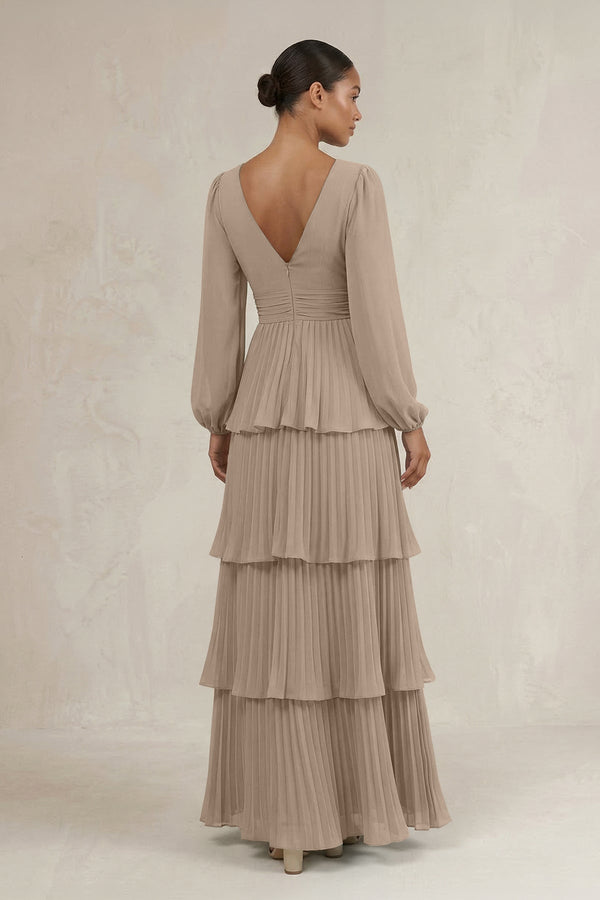V-Neck Tiered A-Line Long Sleeve Bridesmaid Dress in Almond (2) | KISSBRIDAL