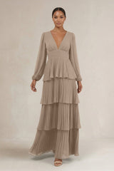 V-Neck Tiered A-Line Long Sleeve Bridesmaid Dress in Almond | KISSBRIDAL
