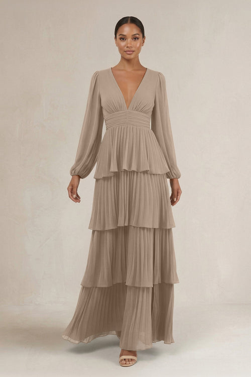 V-Neck Tiered A-Line Long Sleeve Bridesmaid Dress in Almond | KISSBRIDAL
