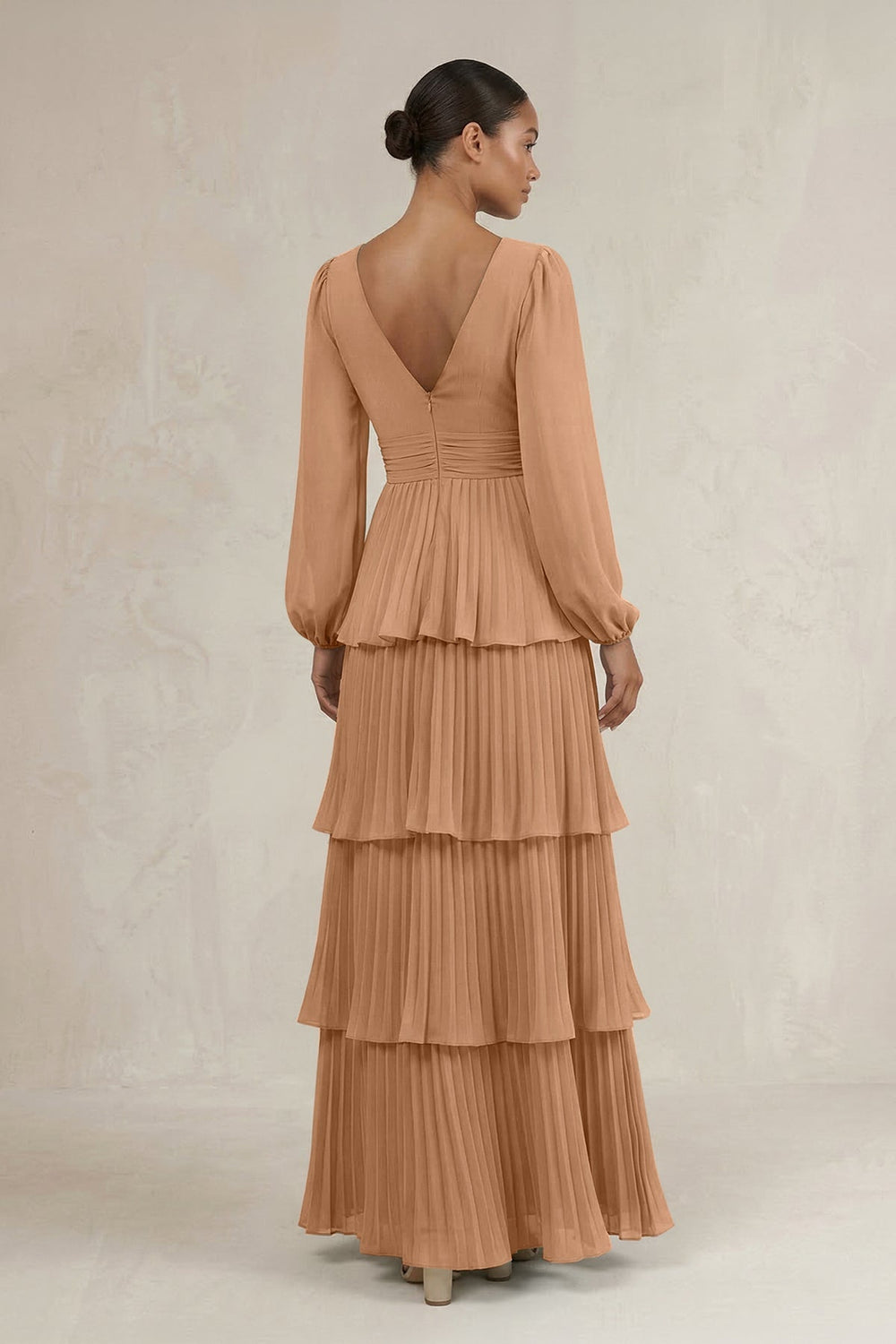 V-Neck Tiered A-Line Long Sleeve Bridesmaid Dress in Bronzer
