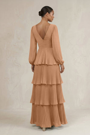 V - Neck Tiered A - Line Long Sleeve Bridesmaid Dress in Bronzer - KISS BRIDAL Bridesmaid Dresses