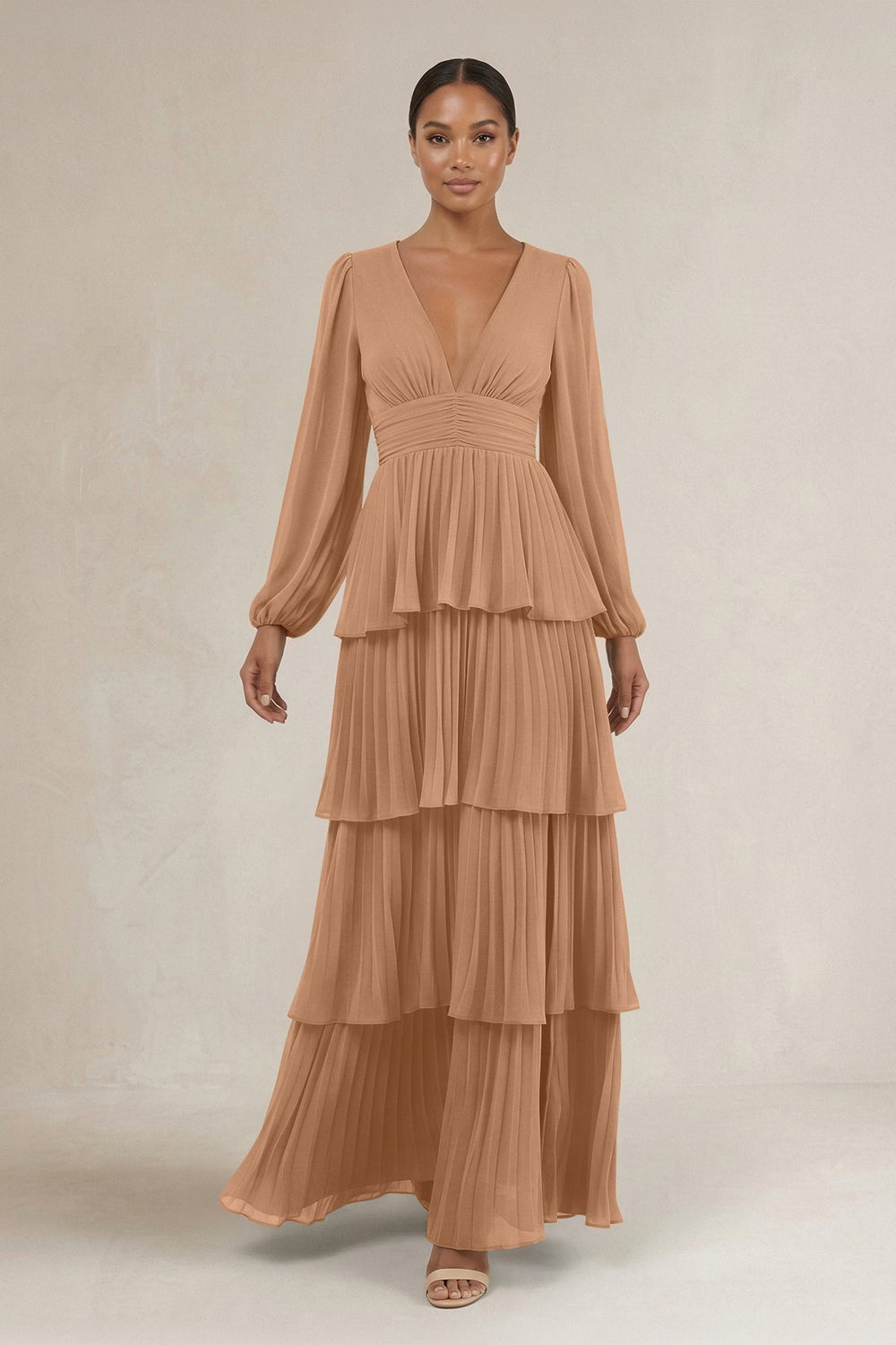 V-Neck Tiered A-Line Long Sleeve Bridesmaid Dress in Bronzer