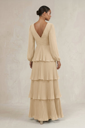 V-Neck Tiered A-Line Long Sleeve Bridesmaid Dress in Champagne (2) | KISSBRIDAL