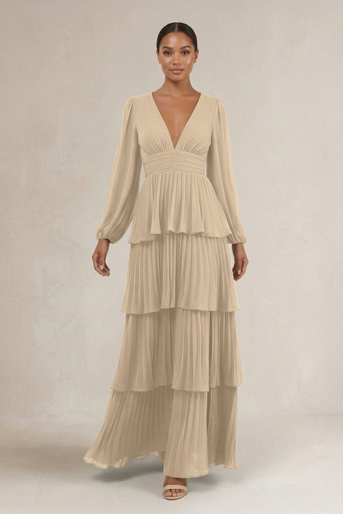 V-Neck Tiered A-Line Long Sleeve Bridesmaid Dress in Champagne | KISSBRIDAL