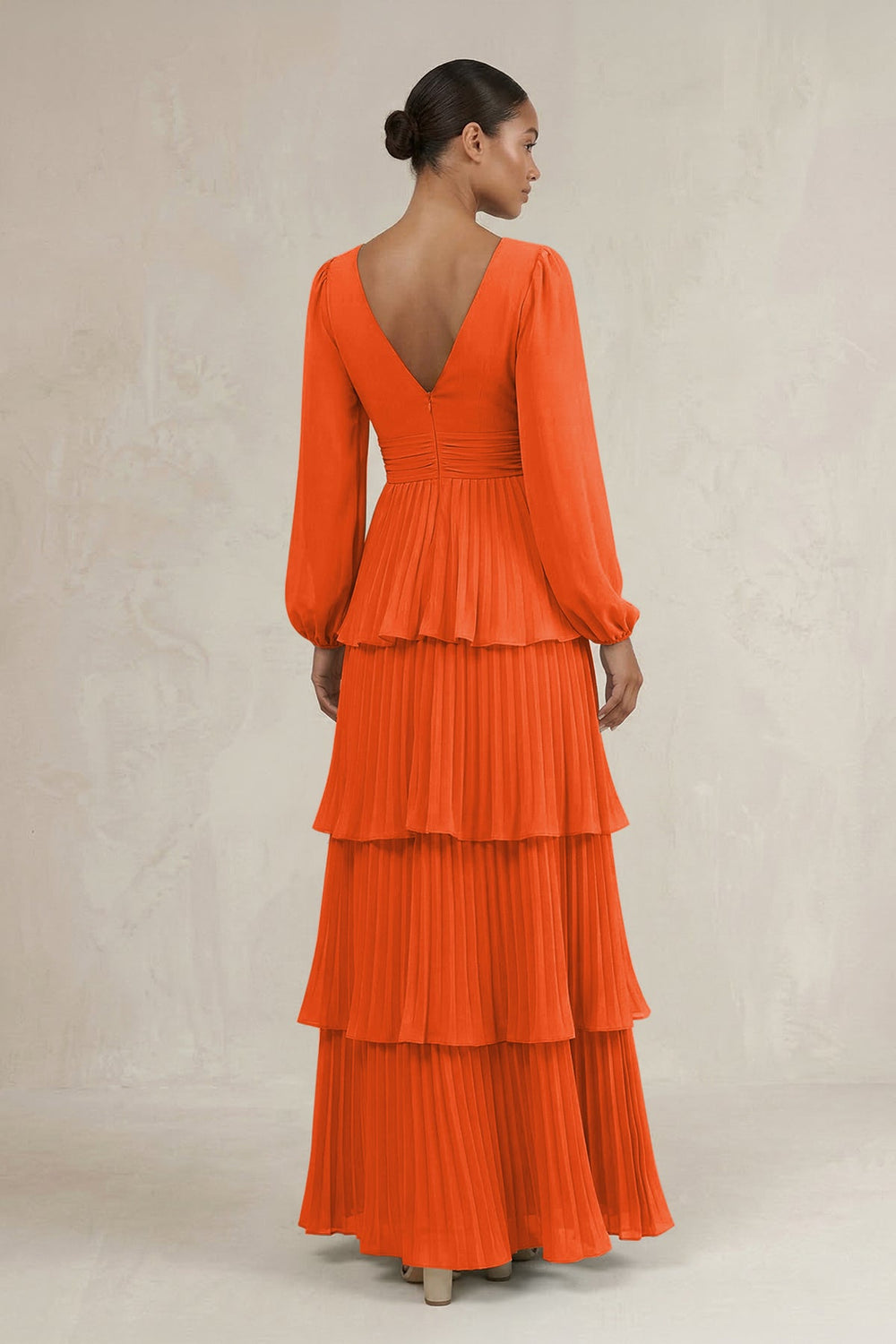 V-Neck Tiered A-Line Long Sleeve Bridesmaid Dress in Cinnamon