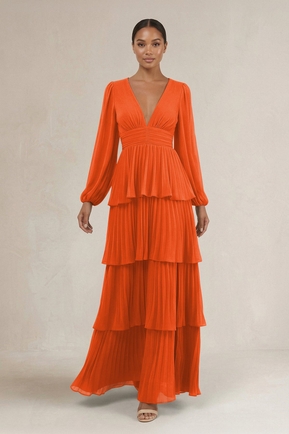 V-Neck Tiered A-Line Long Sleeve Bridesmaid Dress in Cinnamon