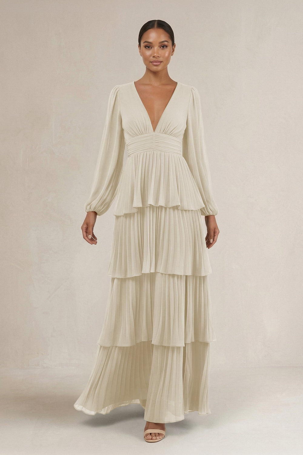 V-Neck Tiered A-Line Long Sleeve Bridesmaid Dress in Dove Gray
