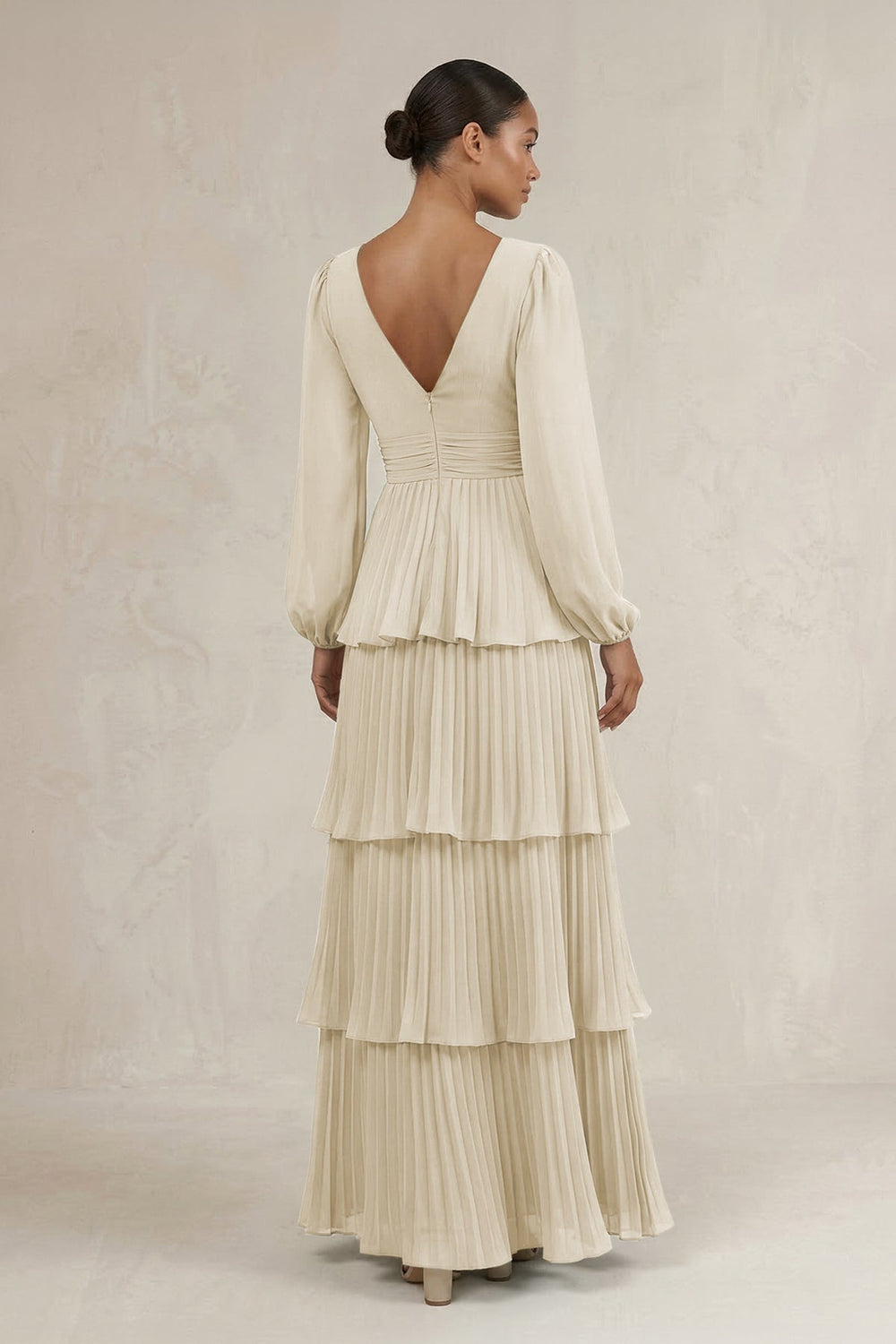 V-Neck Tiered A-Line Long Sleeve Bridesmaid Dress in Dove Gray