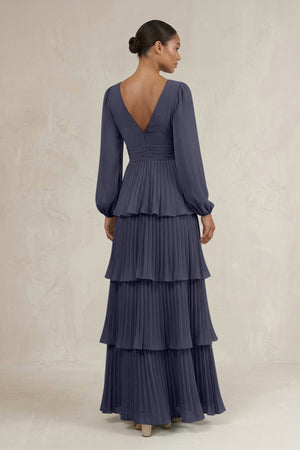 V - Neck Tiered A - Line Long Sleeve Bridesmaid Dress in Dusk Blue - KISS BRIDAL Bridesmaid Dresses
