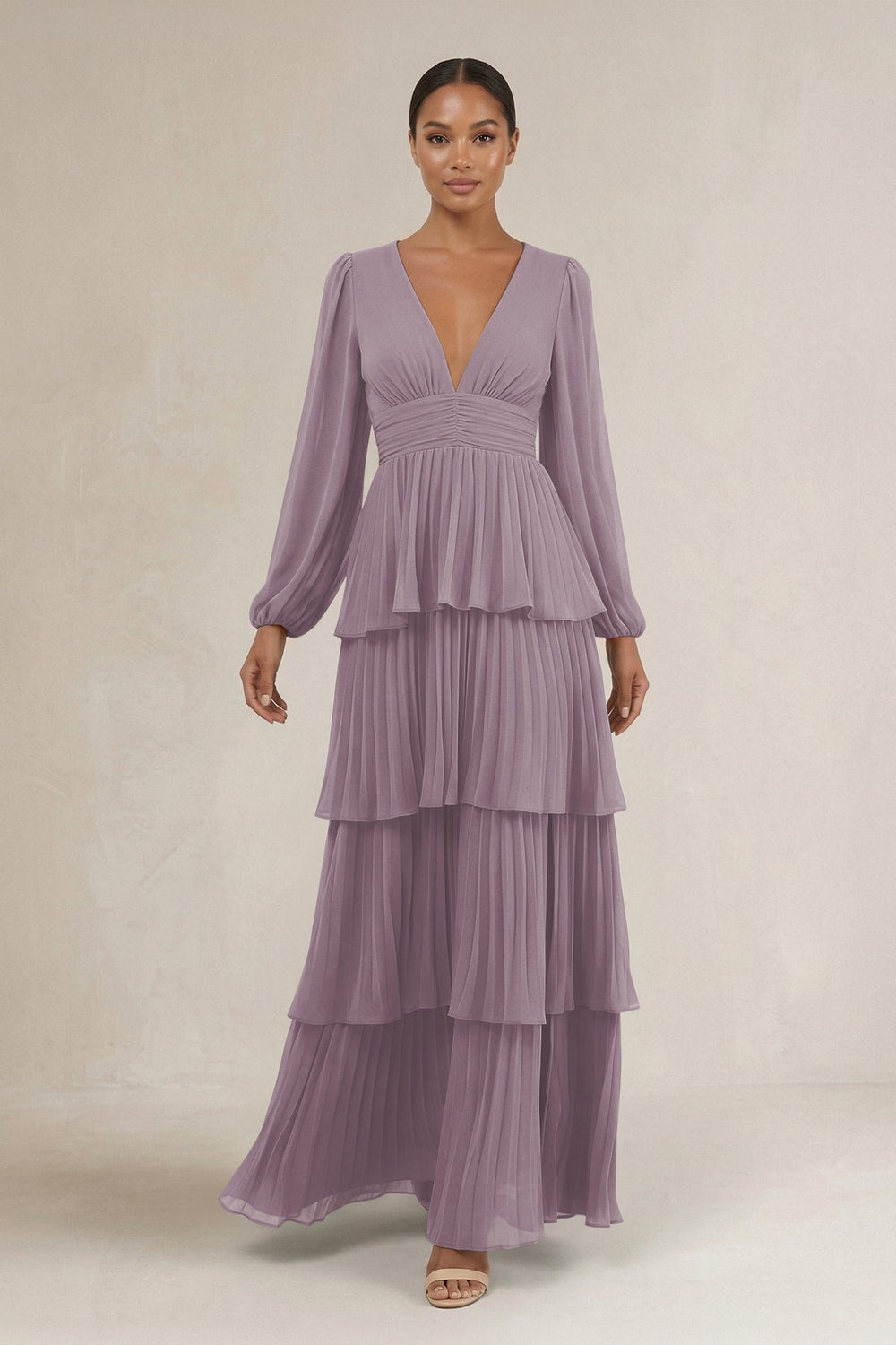 V-Neck Tiered A-Line Long Sleeve Bridesmaid Dress in Dusk