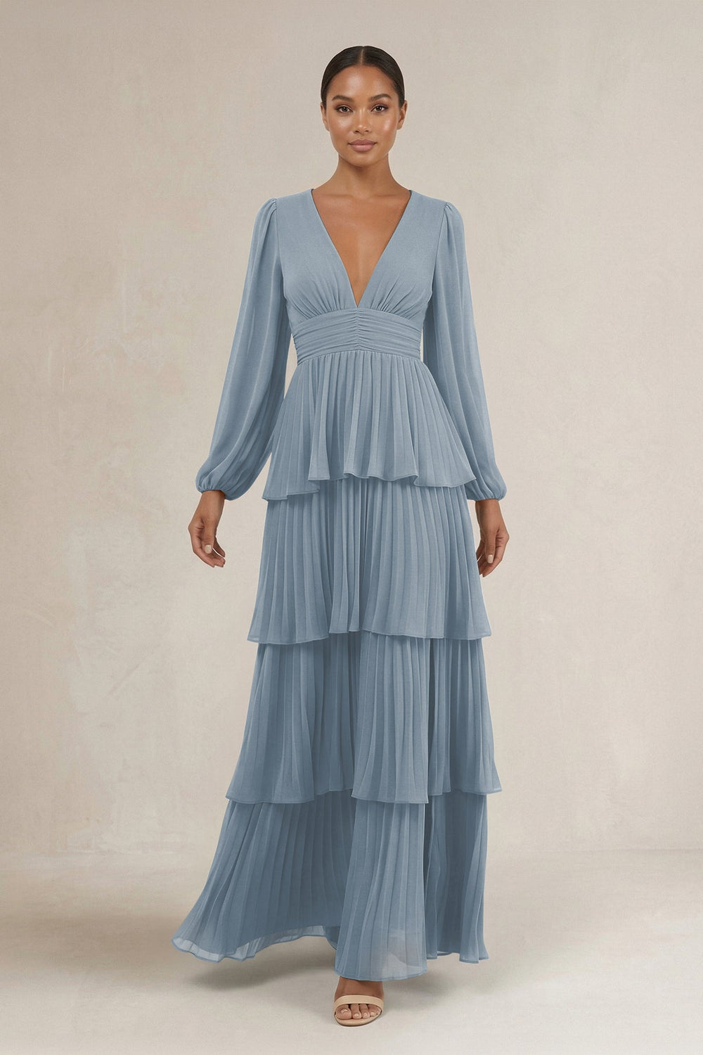 V-Neck Tiered A-Line Long Sleeve Bridesmaid Dress in Dusty Blue