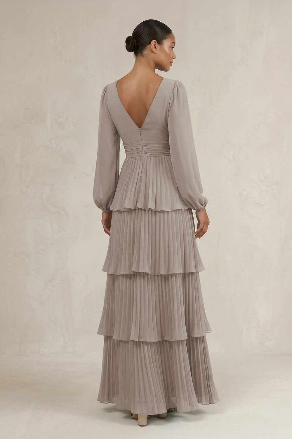 V-Neck Tiered A-Line Long Sleeve Bridesmaid Dress in Frost