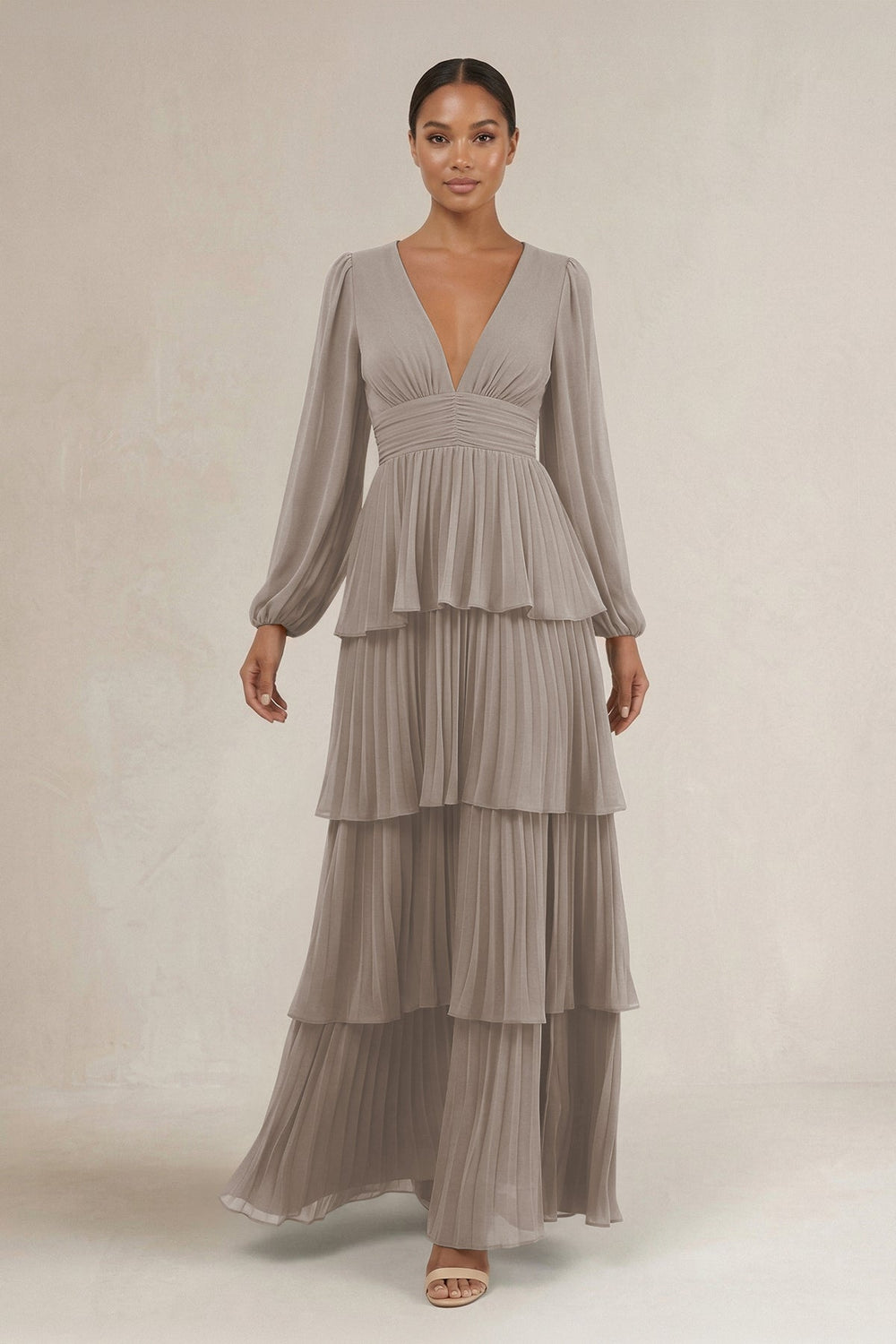 V-Neck Tiered A-Line Long Sleeve Bridesmaid Dress in Frost