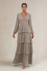 V-Neck Tiered A-Line Long Sleeve Bridesmaid Dress in Frost | KISSBRIDAL
