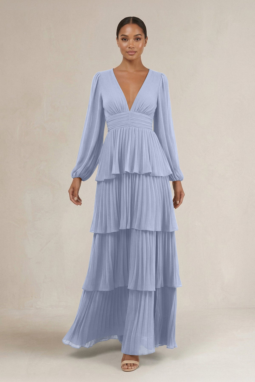 V-Neck Tiered A-Line Long Sleeve Bridesmaid Dress in Ice
