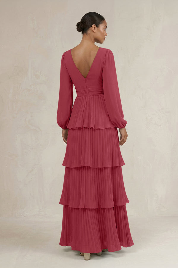 V-Neck Tiered A-Line Long Sleeve Bridesmaid Dress in Merlot (2) | KISSBRIDAL