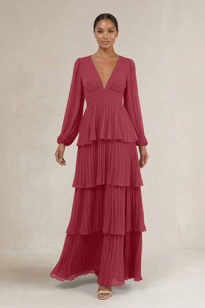 V-Neck Tiered A-Line Long Sleeve Bridesmaid Dress in Merlot | KISSBRIDAL