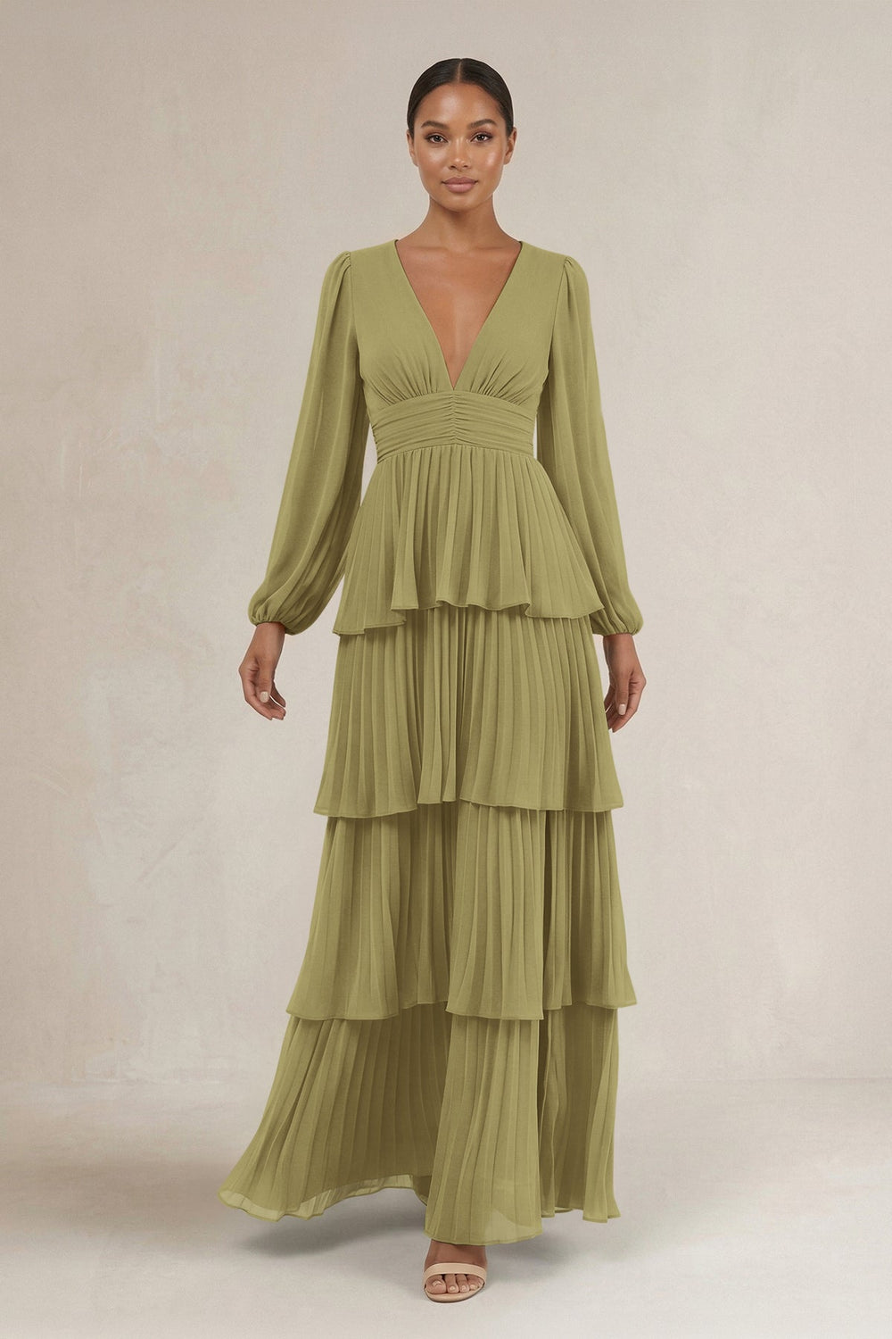 V-Neck Tiered A-Line Long Sleeve Bridesmaid Dress in Moss Green