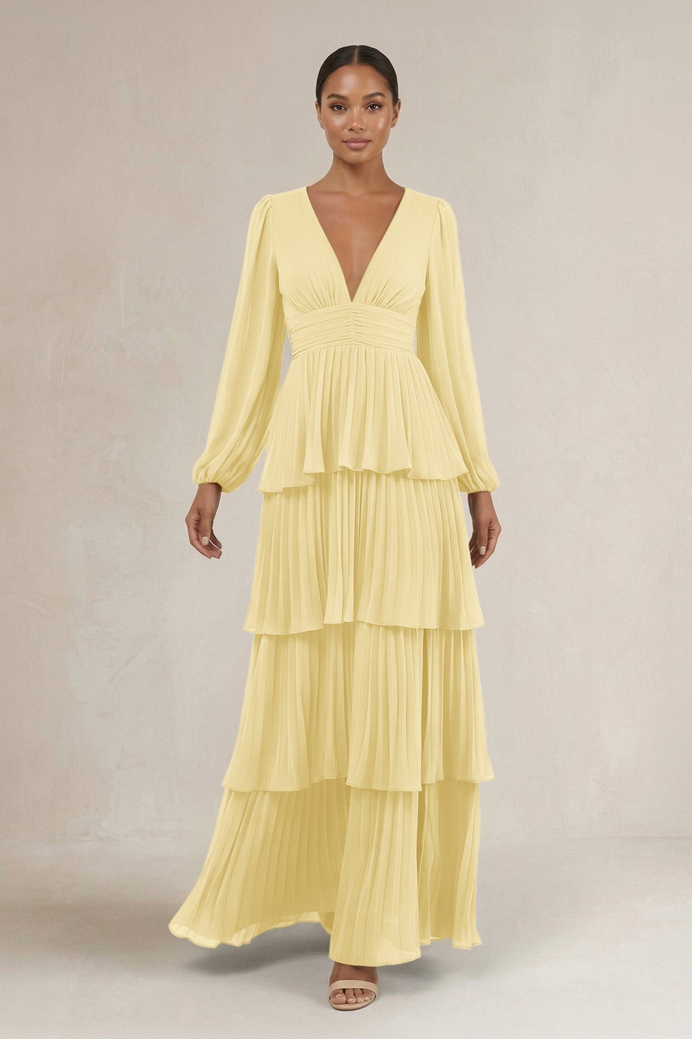 V-Neck Tiered A-Line Long Sleeve Bridesmaid Dress in Pastel Yellow