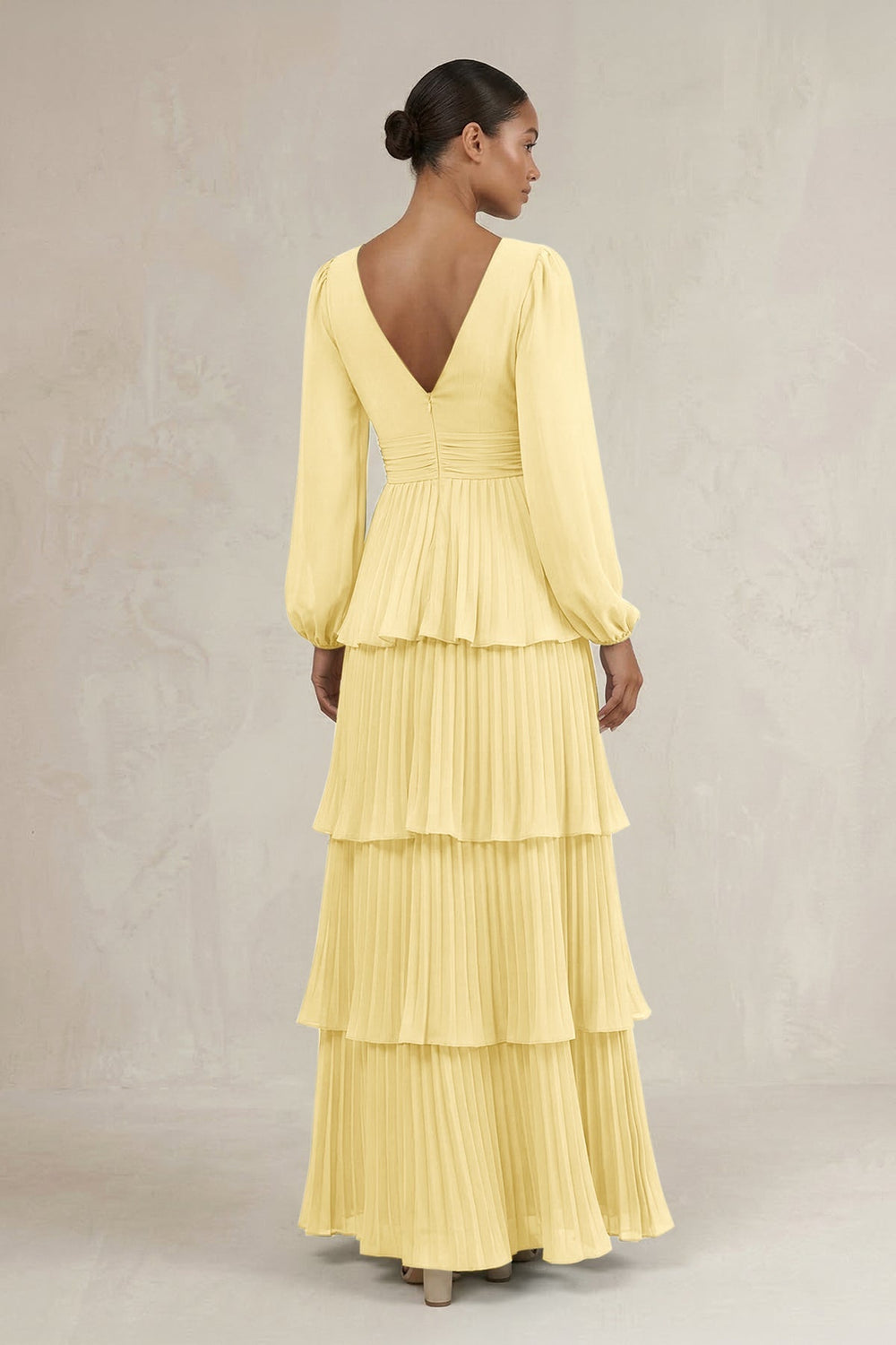 V-Neck Tiered A-Line Long Sleeve Bridesmaid Dress in Pastel Yellow