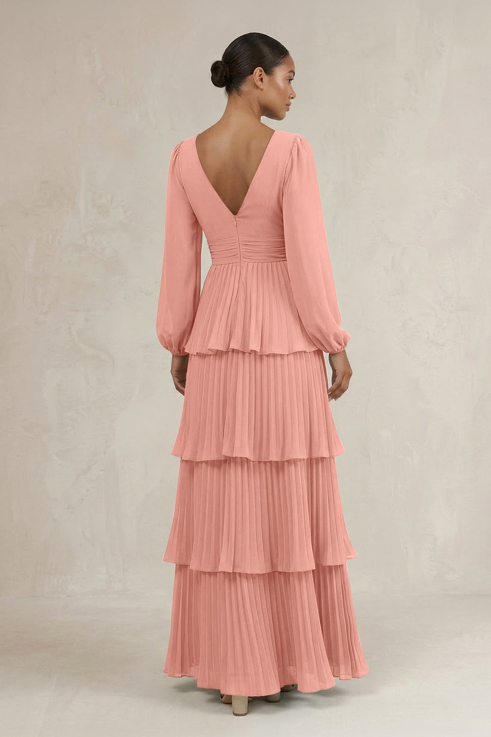V-Neck Tiered A-Line Long Sleeve Bridesmaid Dress in Rosette