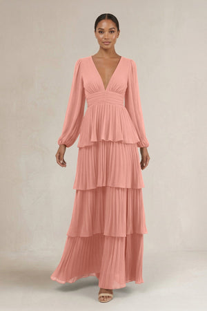 V-Neck Tiered A-Line Long Sleeve Bridesmaid Dress in Rosette | KISSBRIDAL