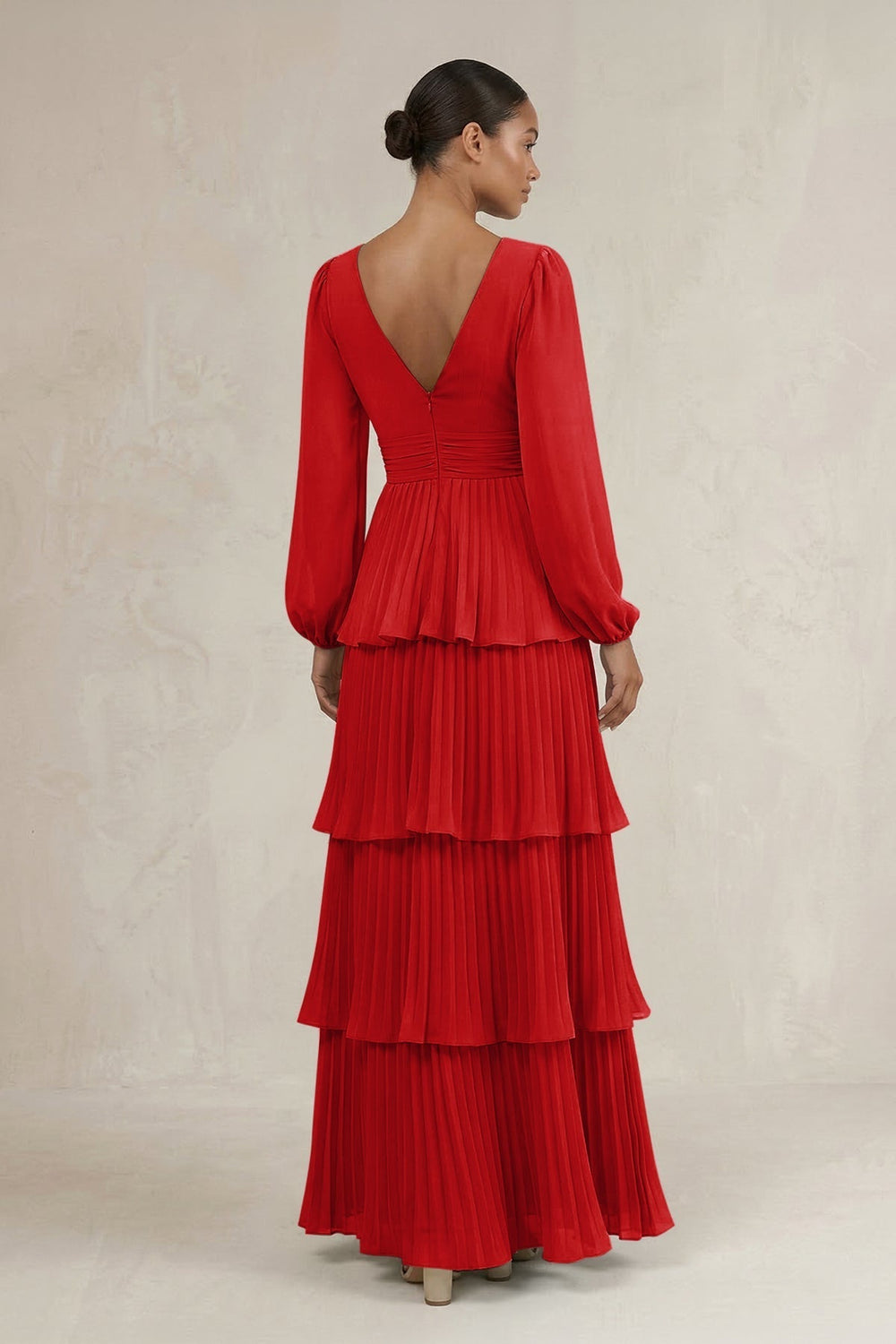 V-Neck Tiered A-Line Long Sleeve Bridesmaid Dress in Ruby Red