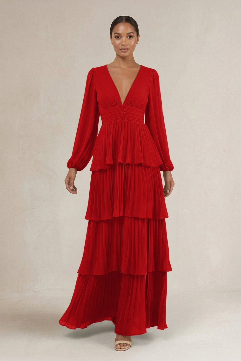 V-Neck Tiered A-Line Long Sleeve Bridesmaid Dress in Ruby Red