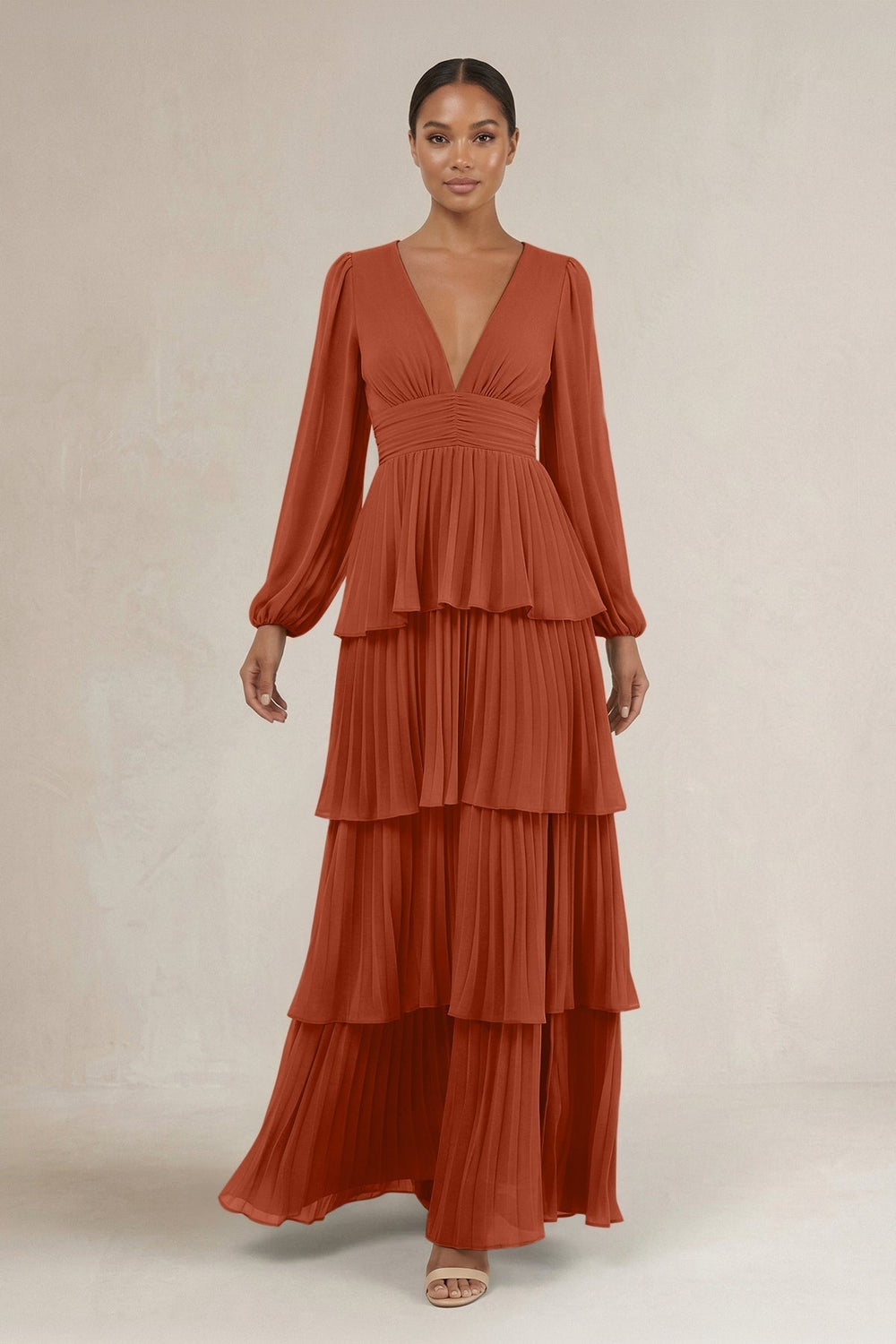V-Neck Tiered A-Line Long Sleeve Bridesmaid Dress in Spice