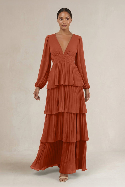 V - Neck Tiered A - Line Long Sleeve Bridesmaid Dress in Spice - KISS BRIDAL Bridesmaid Dresses