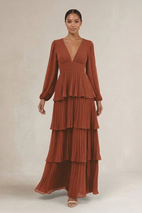 V-Neck Tiered A-Line Long Sleeve Bridesmaid Dress in Terracotta | KISSBRIDAL