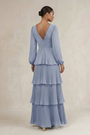 V - Neck Tiered A - Line Long Sleeve Bridesmaid Dress in Twilight - KISS BRIDAL Bridesmaid Dresses