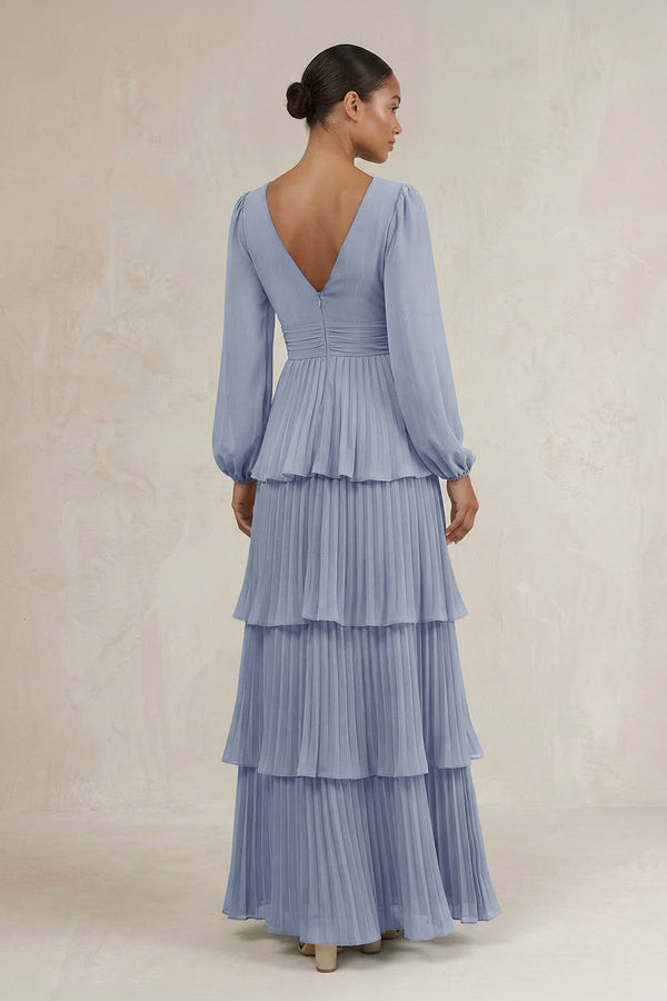 V - Neck Tiered A - Line Long Sleeve Bridesmaid Dress in Twilight - KISS BRIDAL Bridesmaid Dresses