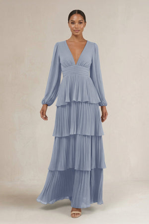 V - Neck Tiered A - Line Long Sleeve Bridesmaid Dress in Twilight - KISS BRIDAL Bridesmaid Dresses