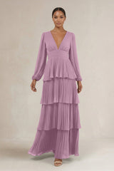 V - Neck Tiered A - Line Long Sleeve Bridesmaid Dress in Wisteria - KISS BRIDAL Bridesmaid Dresses