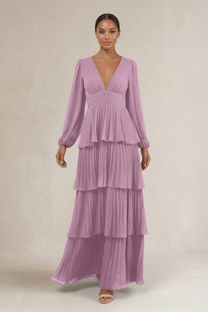 V - Neck Tiered A - Line Long Sleeve Bridesmaid Dress in Wisteria - KISS BRIDAL Bridesmaid Dresses
