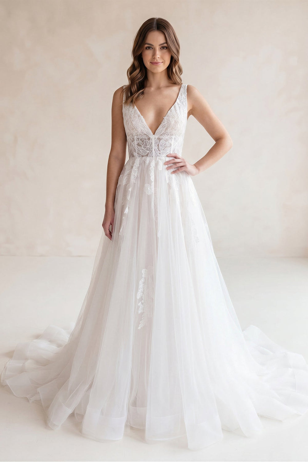 V Neck Tulle A-Line Appliqued Wedding Dress in White