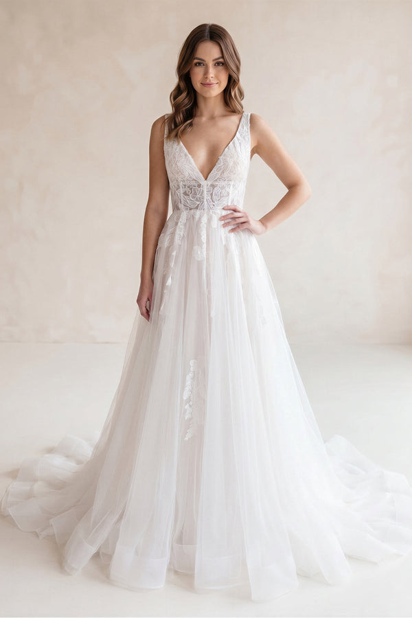 V Neck Tulle A - Line Appliqued Wedding Dress in White - KISS BRIDAL Wedding Dresses