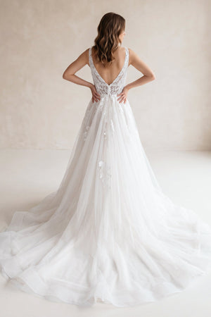 V Neck Tulle A - Line Appliqued Wedding Dress in White - KISS BRIDAL Wedding Dresses